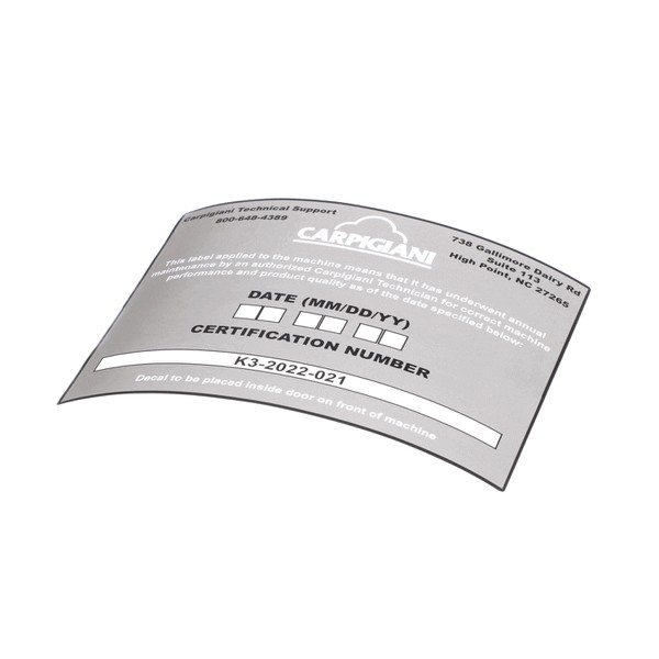 (image for) Carpigiani US192-024276 DECAL-PM CERTIFICATION